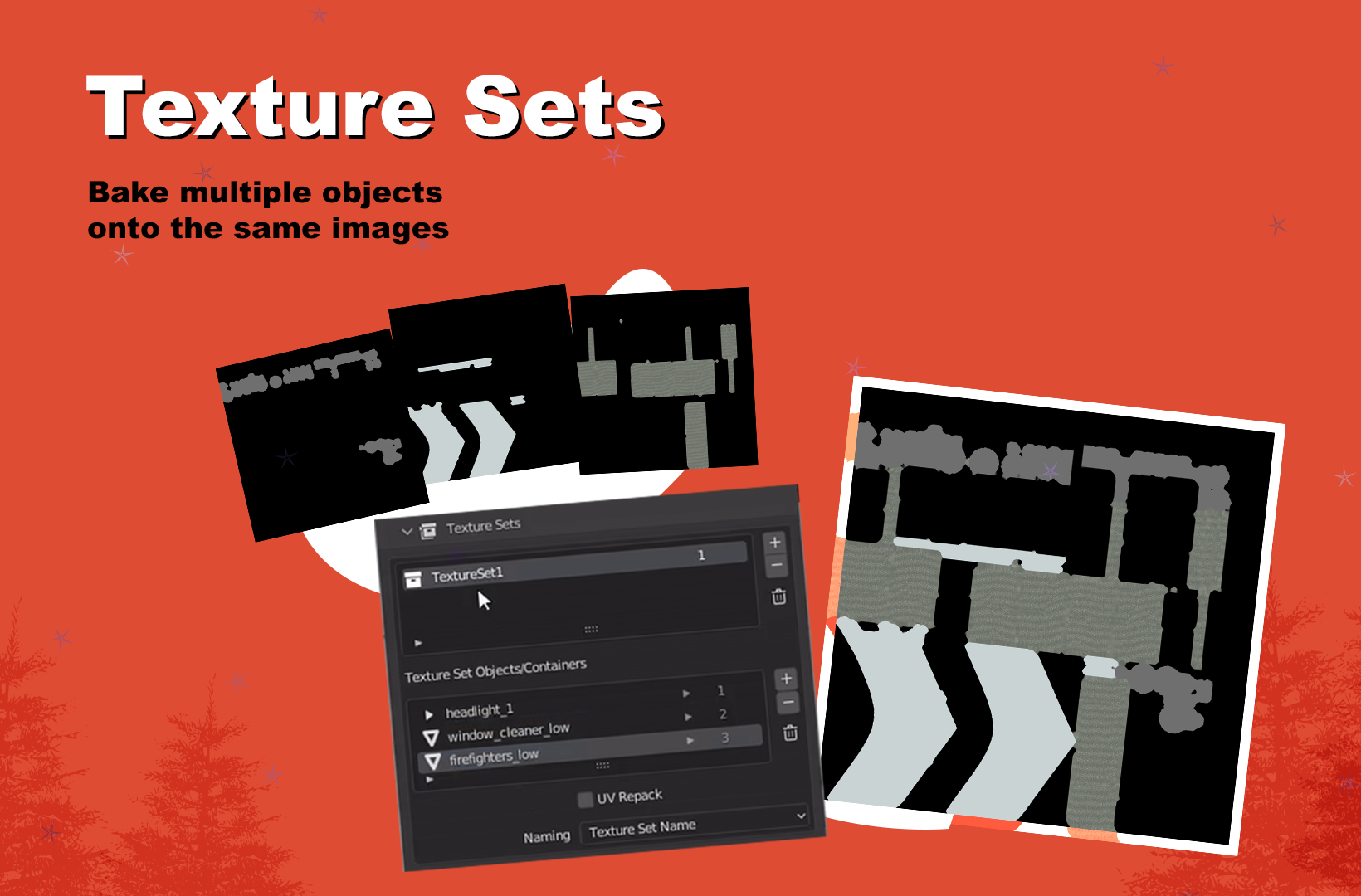 Texture Sets. Bake multiple objects onto the same images