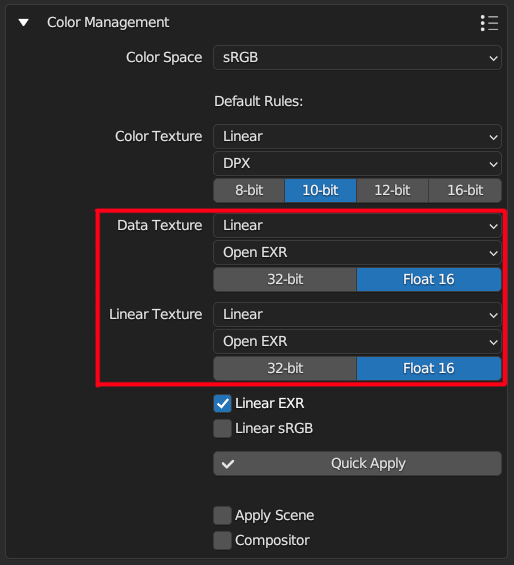 Data and Linear Texture settings